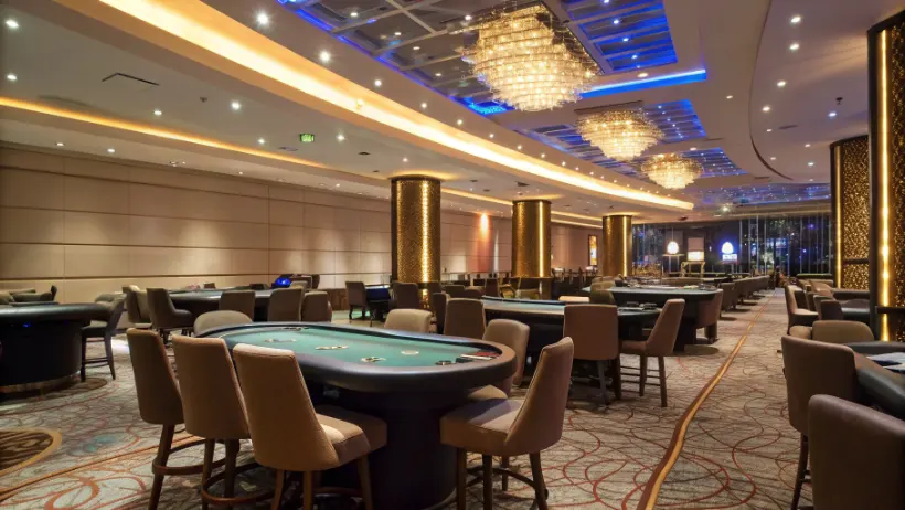 Modern casino interior with poker and blackjack tables