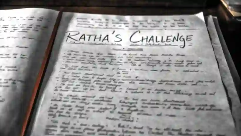 Manuscript pages showing narrative development of Ratha's Challenge