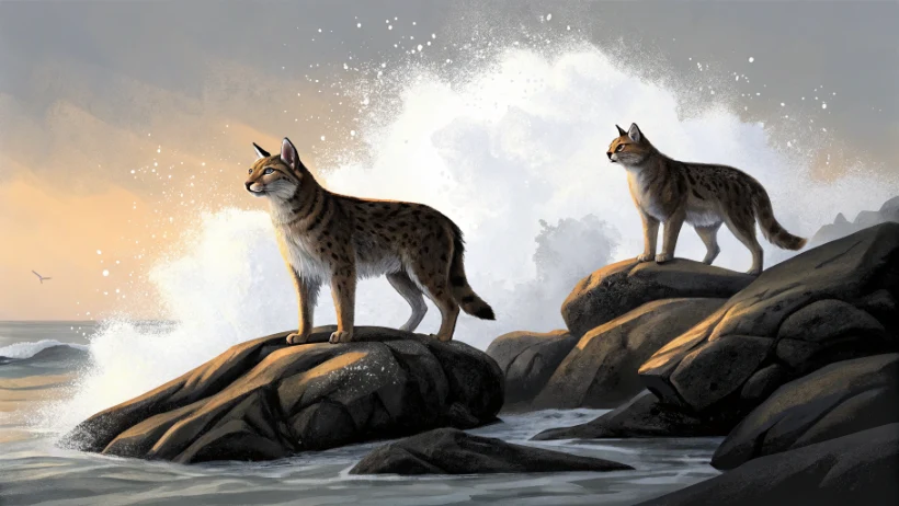 Two tawny wildcats standing on a rugged rocky coastline, scanning an unfamiliar shoreline in early morning light