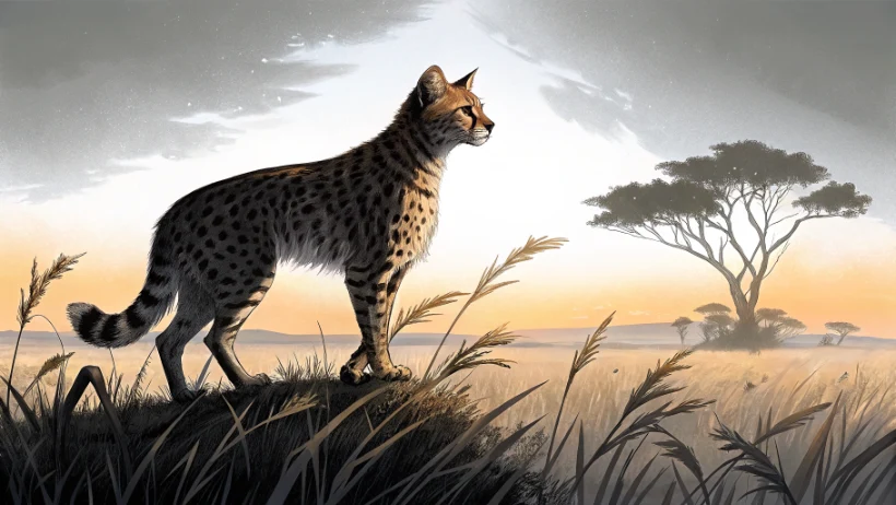 A tawny wildcat standing alert on a vast prehistoric savannah at dusk, with tall dry grasses and a dim orange horizon stretching behind it