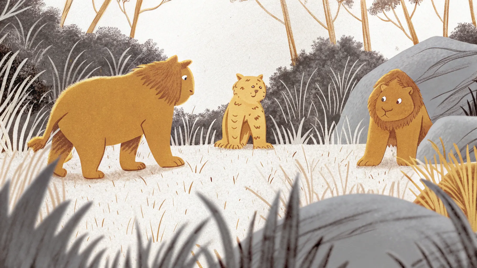 Prehistoric clan cats gathering around controlled fire demonstrating strategic thinking