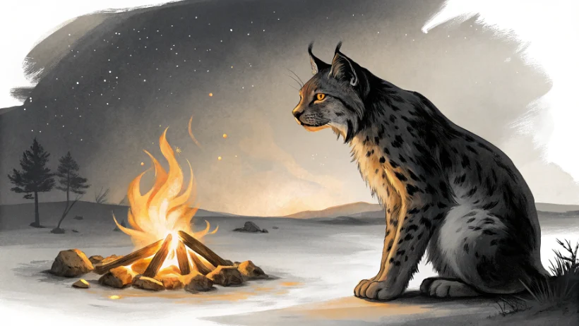 A lone wildcat sitting close to a small campfire at night, its amber eyes reflecting the flames against a dark, open landscape